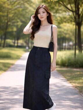 Offline by Aerie On The Move Black Cargo Maxi Parachute Nylon Skirt Women's  L